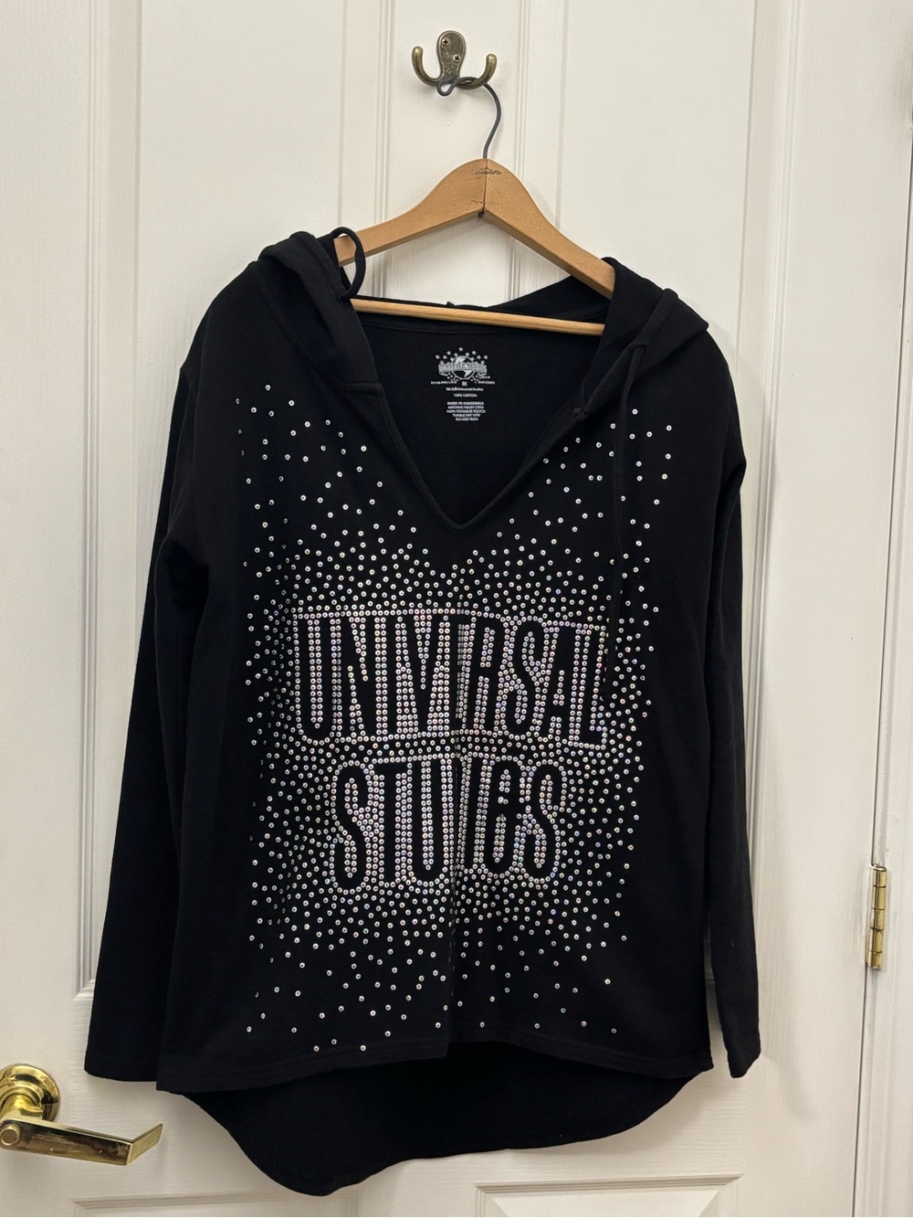 Universal Black Hooded Long Sleeve Top with Rhinestone Logo